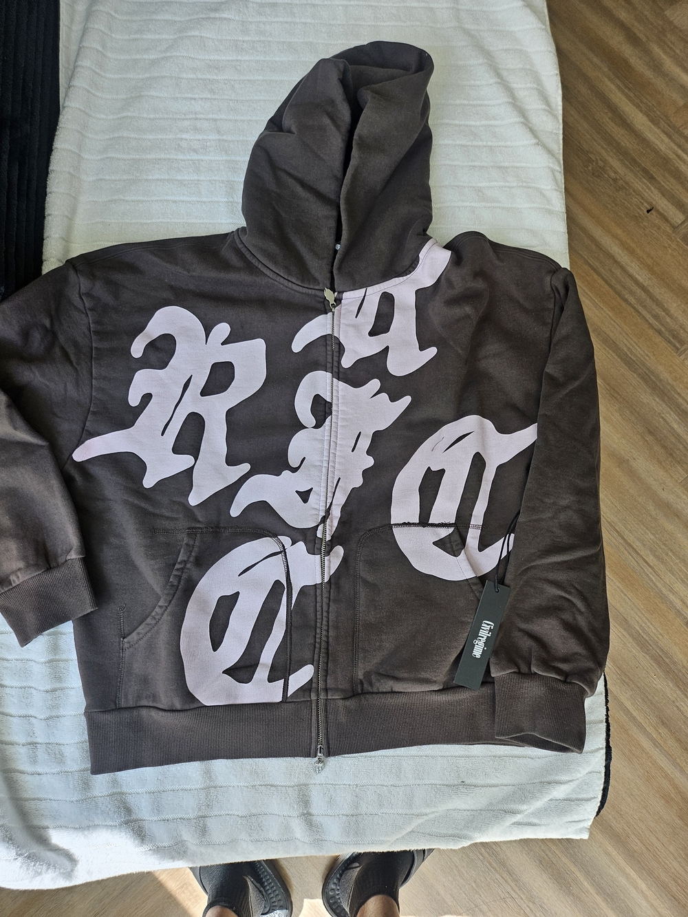 Men's Brown Zip-Up Hoodie with Pink Graphic